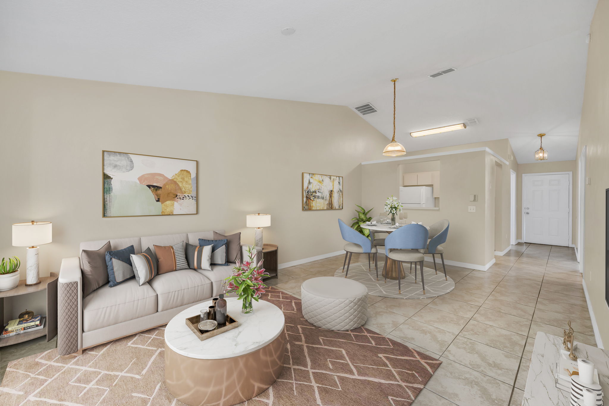 Beautifully staged living and dining area